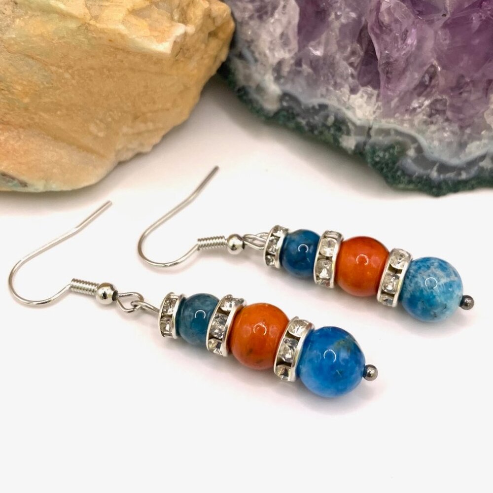 Apatite Orange & Blue Rain Flower Stone Beads Handmade Pierced Earrings LR167
